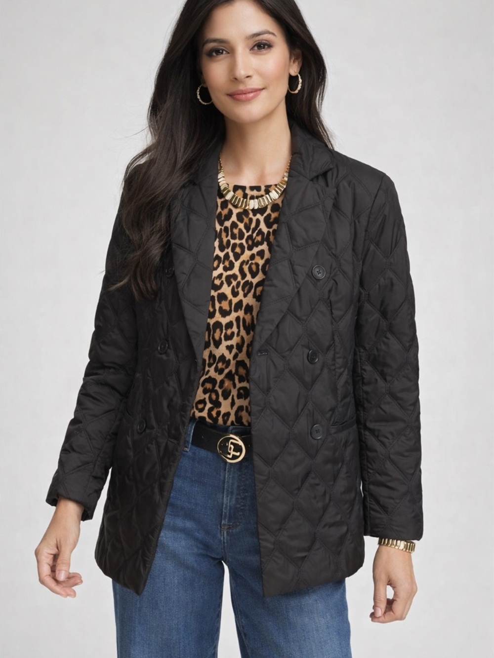 Chico's Nylon Quilted Double Breasted Blazer Women's size 8 Lightweight